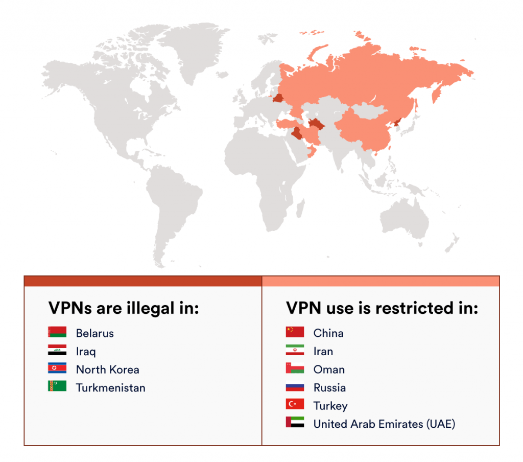 Map showing where VPN is illegal or restricted