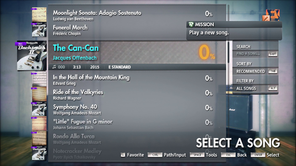 Song selection in Rocksmith Learn & Play